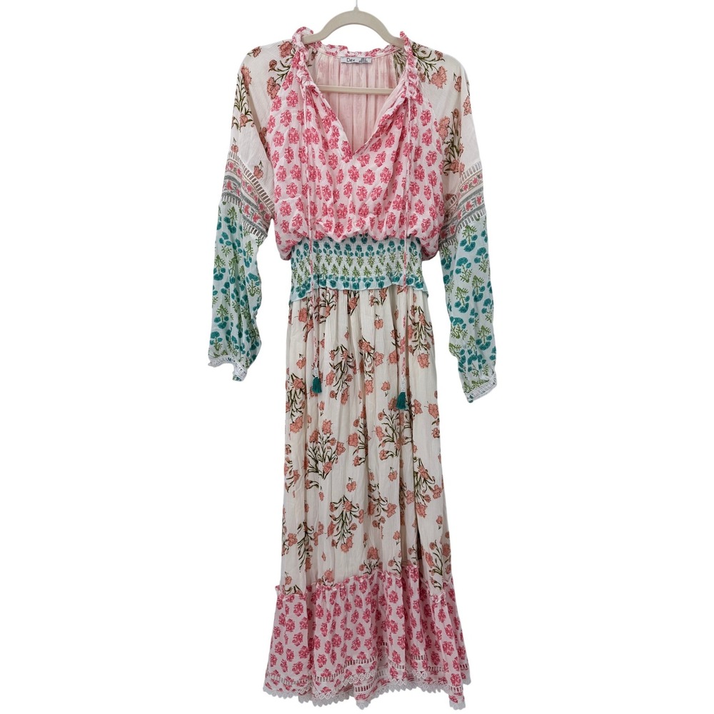 Dex Floral Block Print Boho Maxi Dress Smocked Waist Pink Teal Small